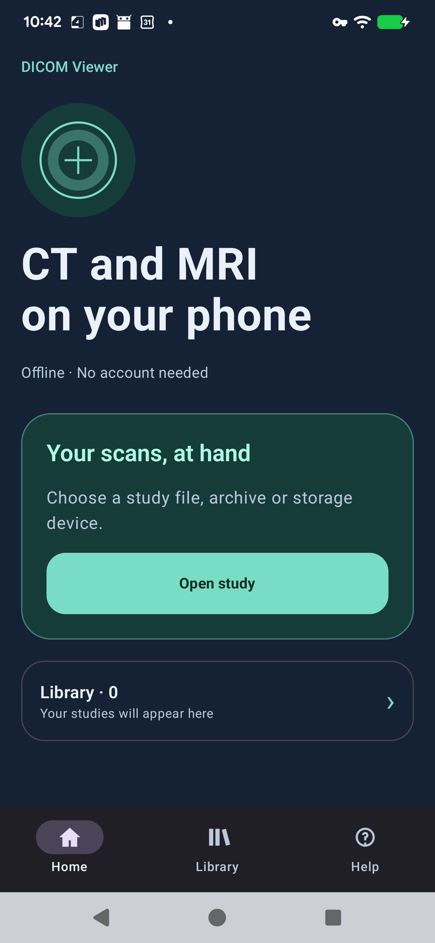 DICOM Viewer 1.6.0 in English on a Pixel 6 Pro, with always visible Home, Library and Help tabs